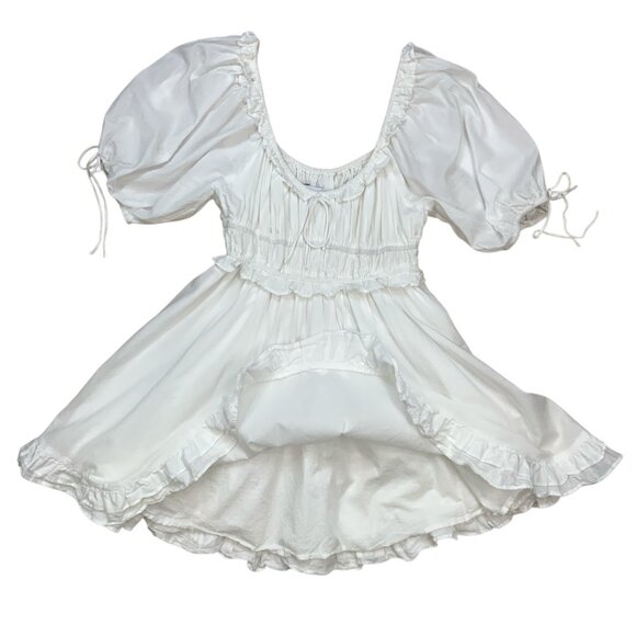 En Saison Puff-Sleeve Mini Dress S White Empire Waist Ruffle Trim Anthropologie - Picture 7 of 13